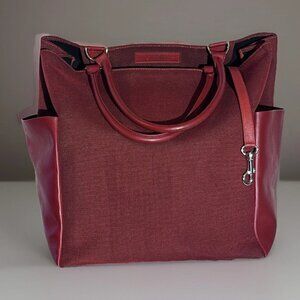 Delvaux Handbag Red Canvas Tote w/Leather Side Pockets Shoulder Bag 2 Handle